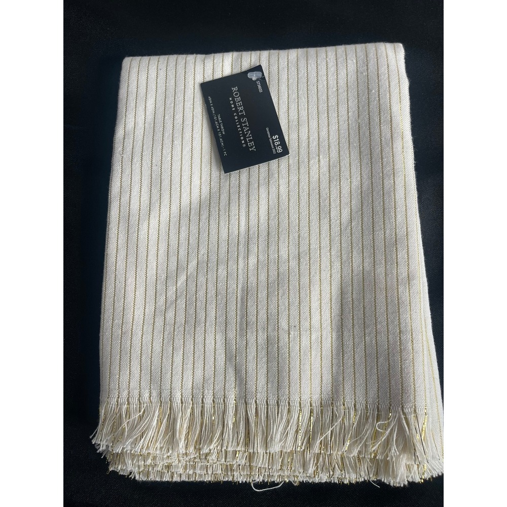Robert Stanley Gold Metallic Pinstripe‎ Table Throw 40x40 Cream Fringe HL9182922